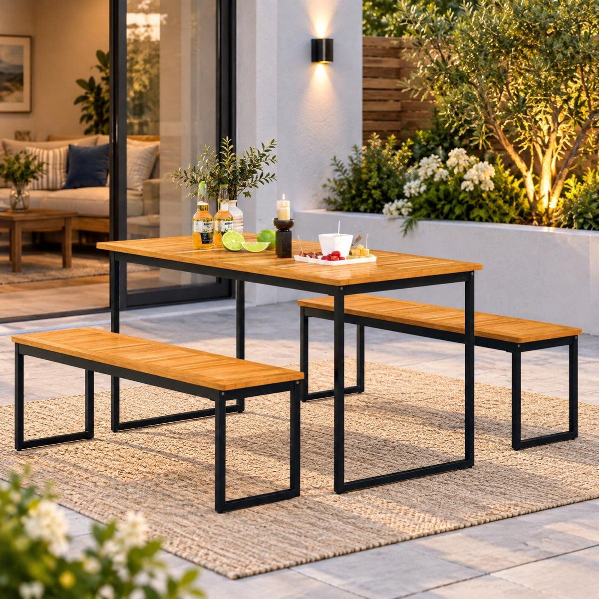 Airfind Patio Dining Bench Backless with Slatted Seat and Metal Legs, Acacia Wood Metal Frame, 51 x 14 x 16.5 Maximum Weight 800 lbs Footprint