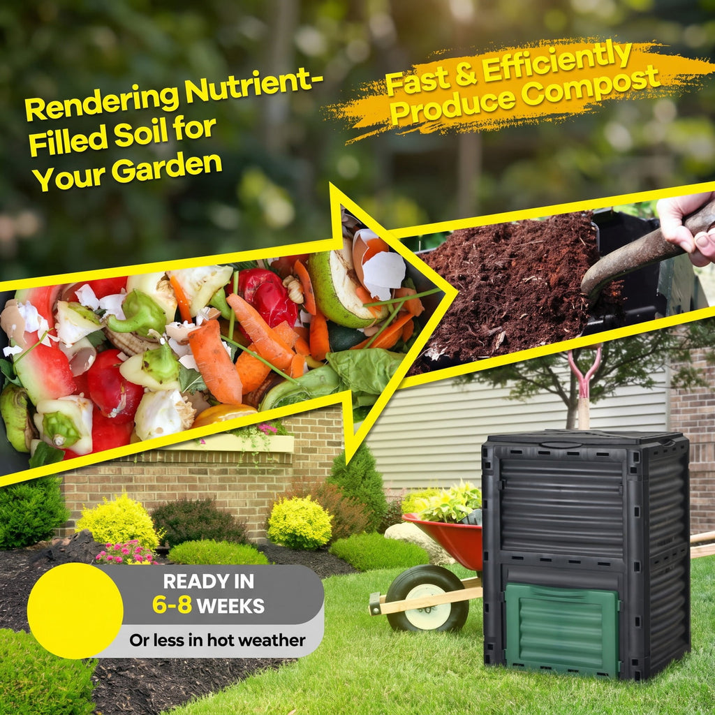 Airfind 80-Gallon Outdoor Composter with Large Openable Lid and Bottom Exit Door, PP Frame, 23.5 x 23 x 32 (L x W x H) Inner Footprint, Green