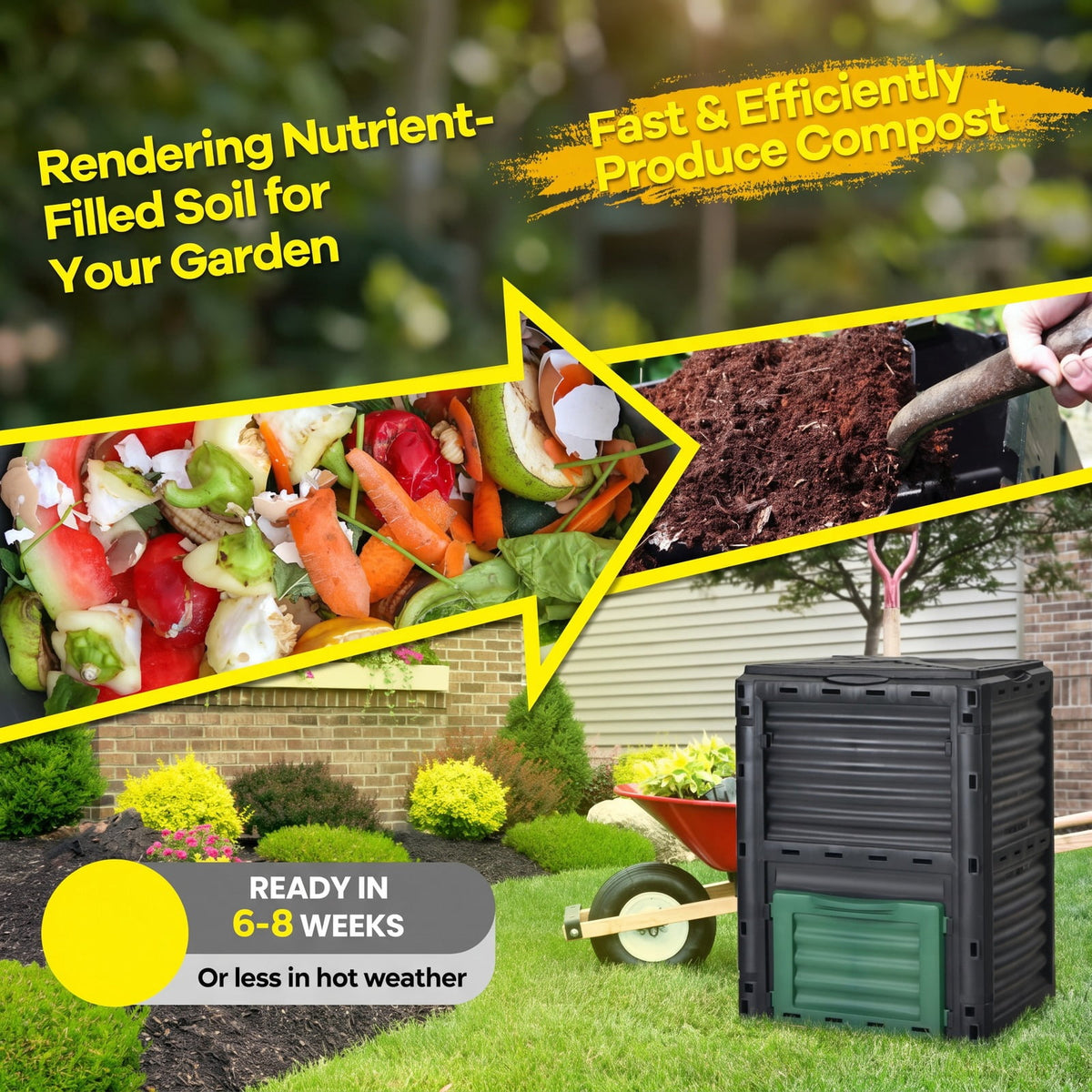 Airfind 80-Gallon Outdoor Composter with Large Openable Lid and Bottom Exit Door, PP Frame, 23.5 x 23 x 32 (L x W x H) Inner Footprint, Green