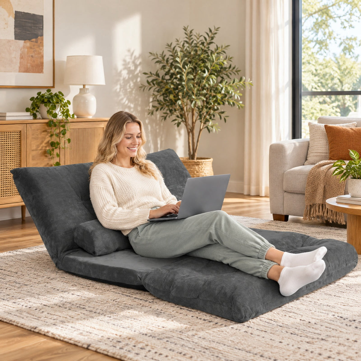 Airfind 6-Position Adjustable Sleeper Lounge Couch with 2 Pillows, Steel Corduroy Sponge Flat Frame, 71 Inch x 42.5 Inch x 7 Inch Footprint, Gray