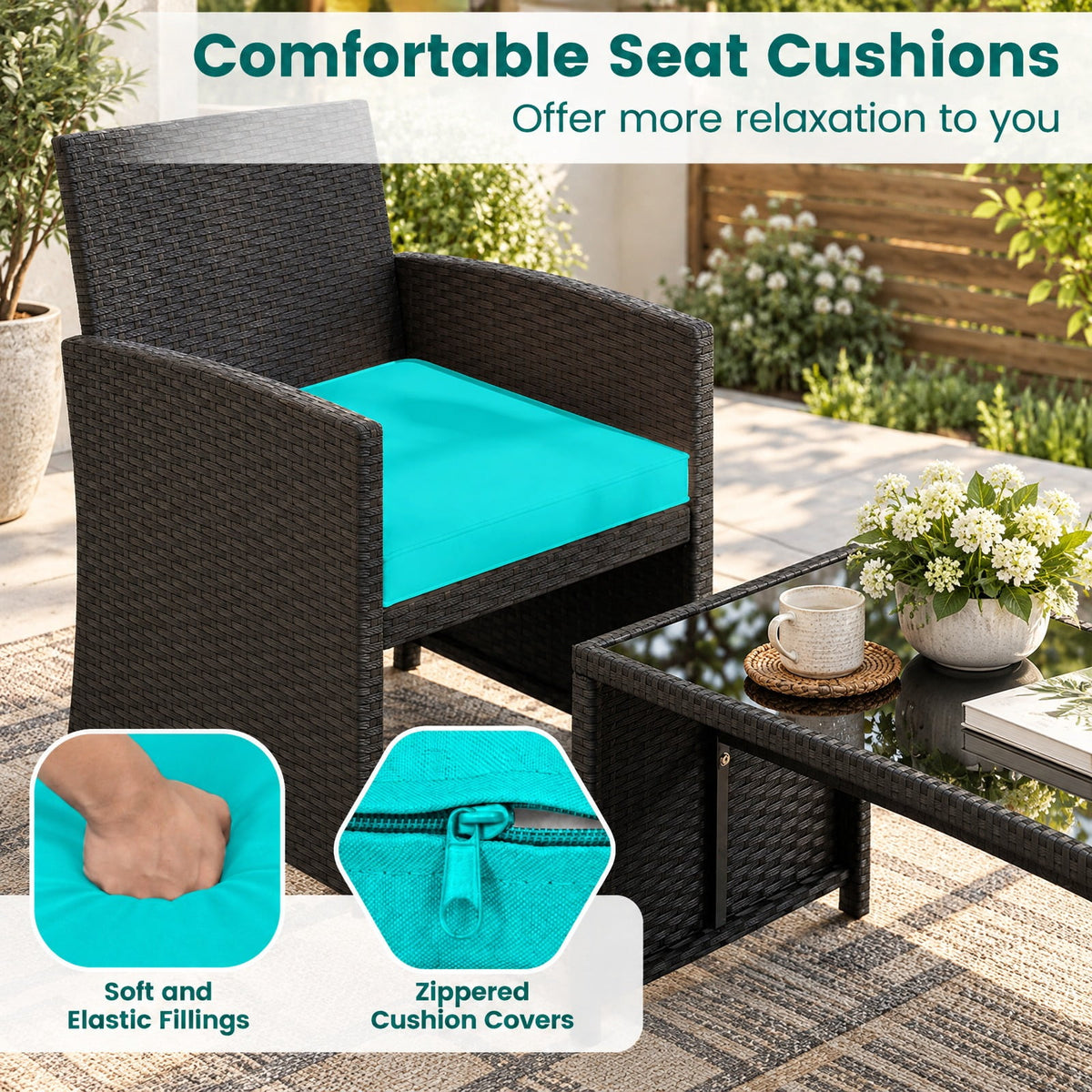 Airfind 4 Pieces Patio Furniture Set with Tempered Glass Tabletop and Removable Cushion, 400 lbs Capacity, Rattan Steel Sponge Frame, Turquoise