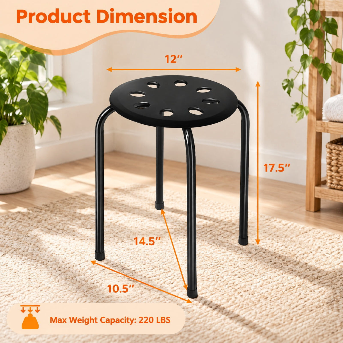 Airfind Set of 6 Portable Plastic Stack Stools, 220 lbs Capacity, Steel Frame, 14.5 x 14.5 x 17.5 Footprint, Black