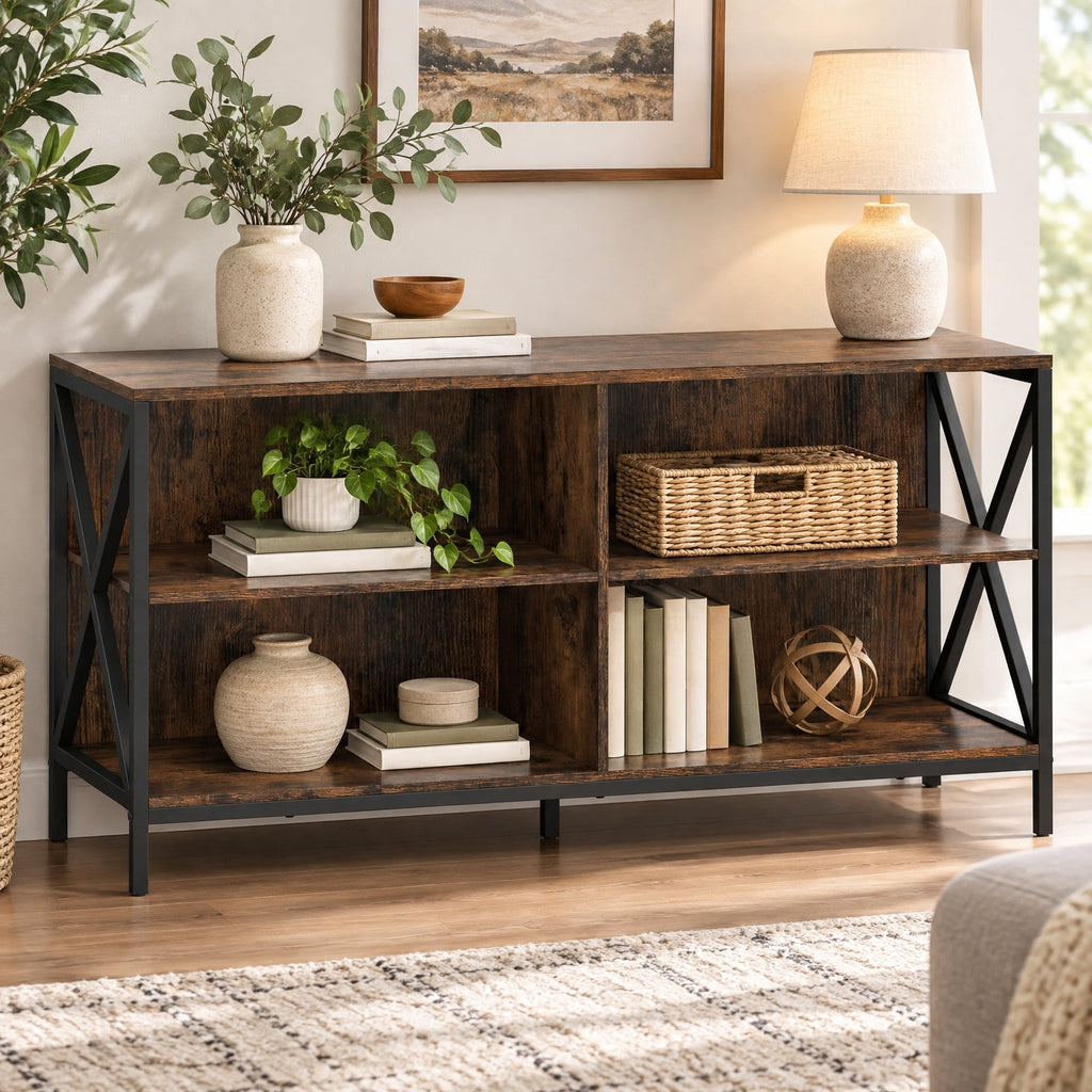 Airfind Wooden TV Stand Entertainment for TVs up to 55 Inch with X-Shaped Frame, 310 lbs Capacity, Engineered Wood MDF Metal Frame, Brown