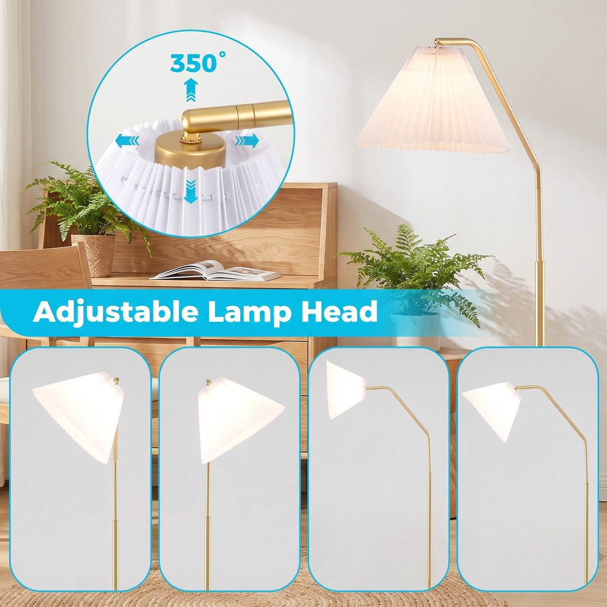 Airfind Modern Standing Lamp with Adjustable Lamp Head and Pleated Lampshade, Metal PVC Polyester Fabric Frame, 13 x 9 Footprint, Gold + White