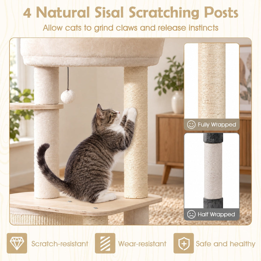 Airfind 56 Inch Tall Cat Tree with 2 Sisal Scratching Posts and Ladder, 33 lbs Capacity, 23 Inch x 19 Inch x 56 Inch Condo Footprint, Natural
