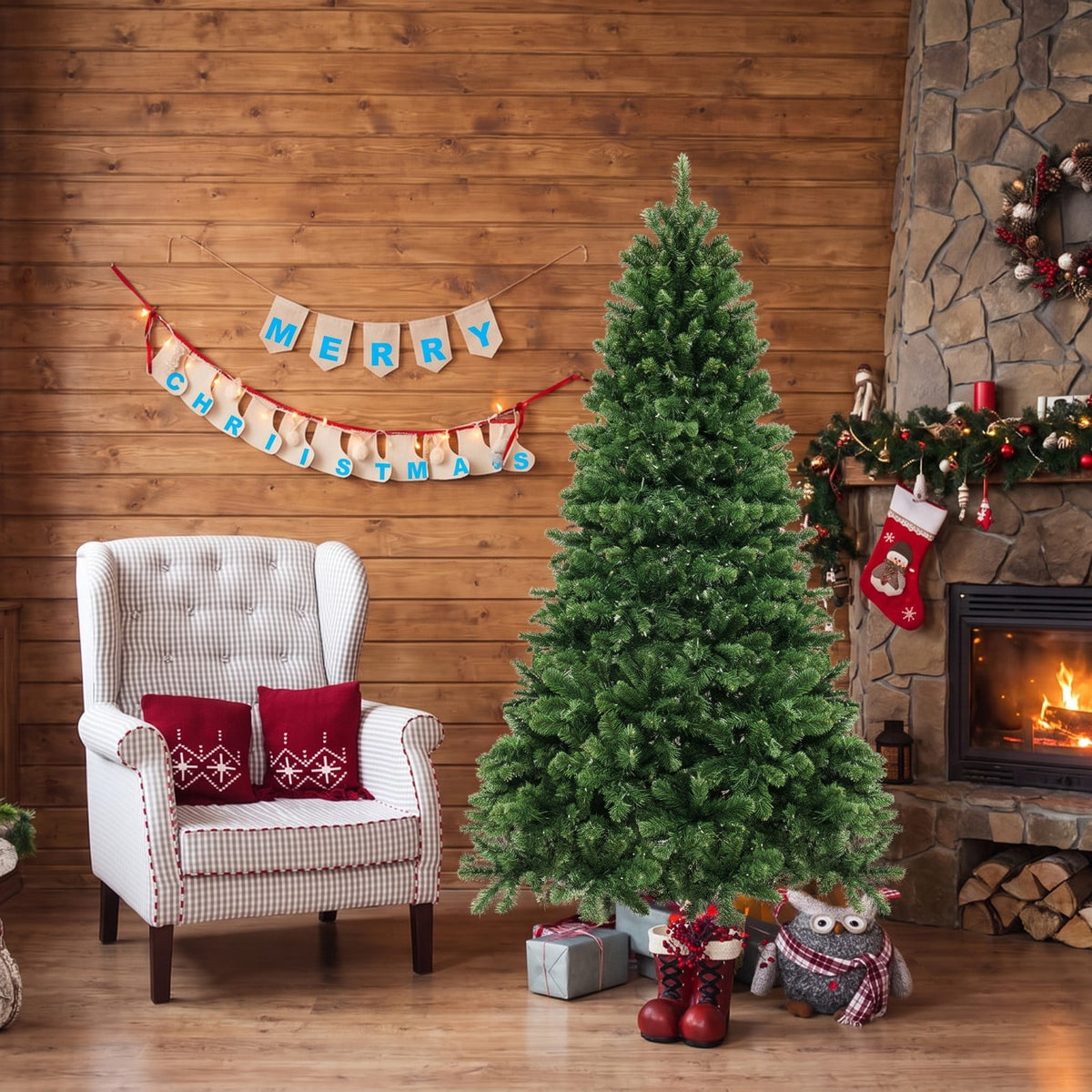 Airfind 6/7/8 Feet Hinged Christmas Tree with PVC Branch Tips Warm White LED Lights-6 ft, PVC Metal Frame, White