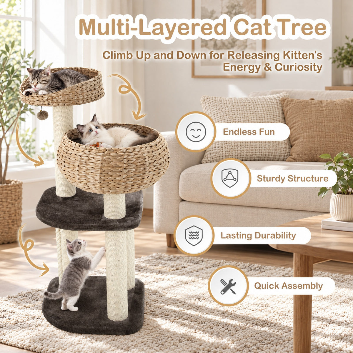 Airfind 41 Inch Rattan Cat Tree with Napping Perch, Water hyacinth straw sisal rope particle board Frame, Brown