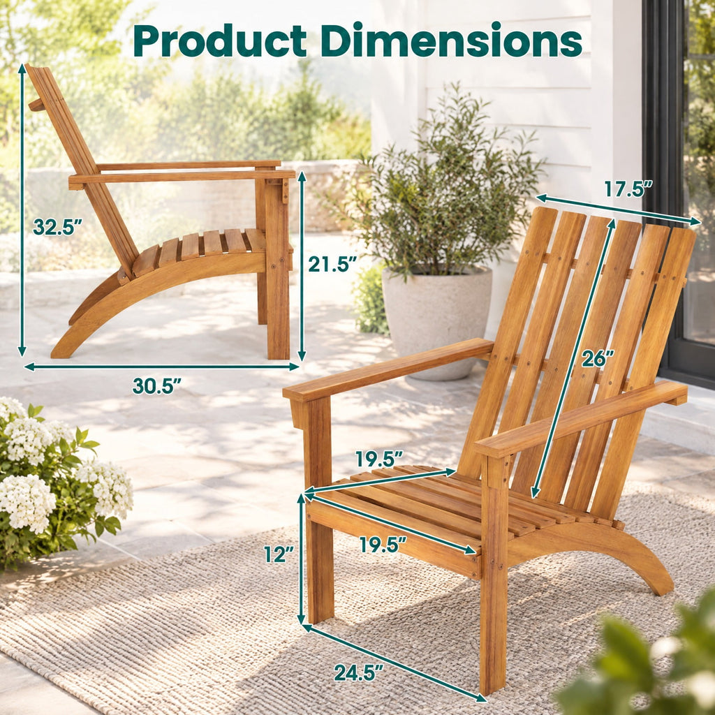Airfind Acacia Wood Patio Adirondack Chair with Inclined Seat and High Backrest for Porch, 400 lbs Capacity, Acacia Wood Frame, Natural
