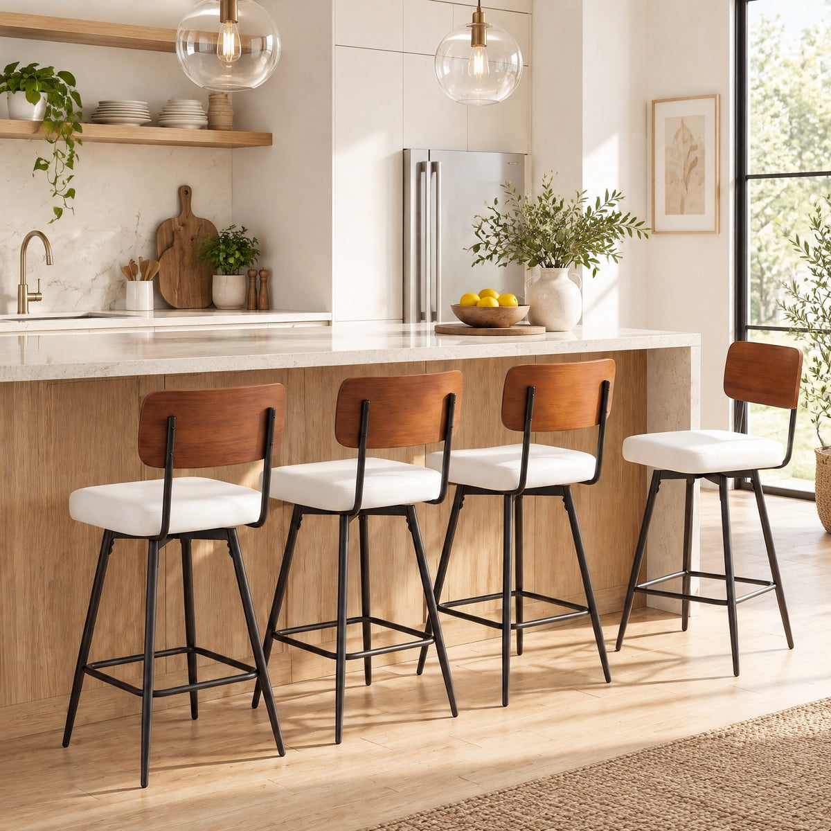 Airfind 27 Inch Padded Counter, Barstools Set of 2 with Metal Legs, 330 lbs Capacity, Metal Plywood PU Leather Sponge Frame, White