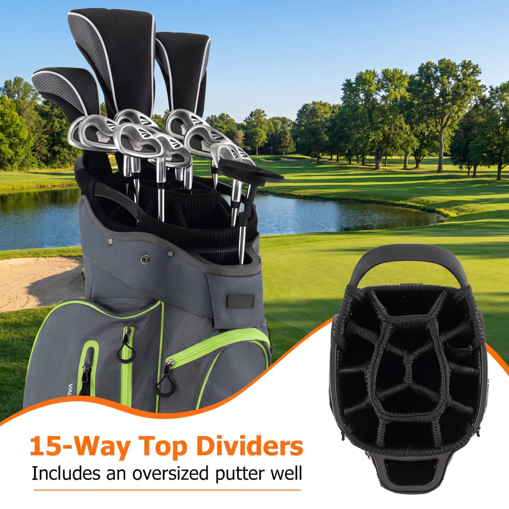 Airfind 9.5 Inch Lightweight Golf Cart Bag with 15 Way Top Dividers and 7 Zippered Pockets and Cooler Bag and Rain Hood, Green