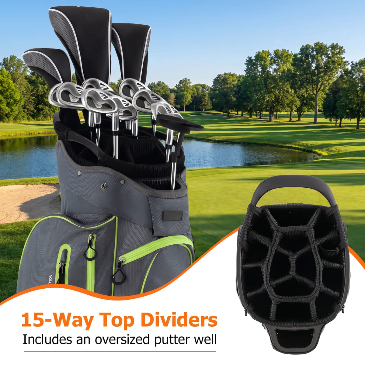 Airfind 9.5 Inch Lightweight Golf Cart Bag with 15 Way Top Dividers and 7 Zippered Pockets and Cooler Bag and Rain Hood, Green