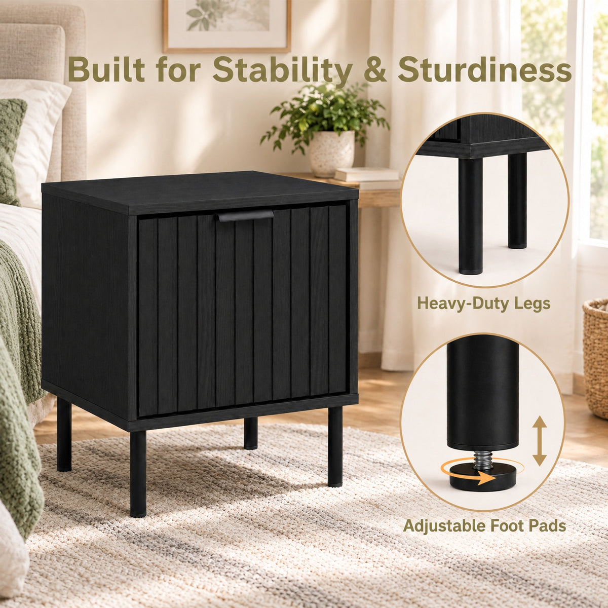 Airfind Set of 2 Black Modern Nightstand with Vertical-Striped Storage Drawer, 121lbs Capacity, Engineered Wood Metal PVC Frame, Black