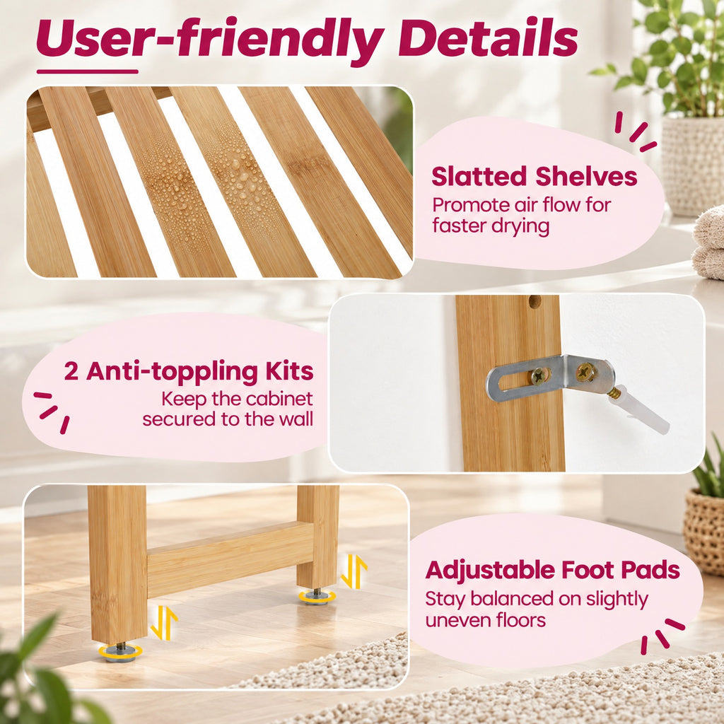 Airfind 3-Tier Bamboo Bathroom Floor Organizer with 5-Position Shelves and 3 Hooks, 132 lbs Capacity, Bamboo Frame, Natural