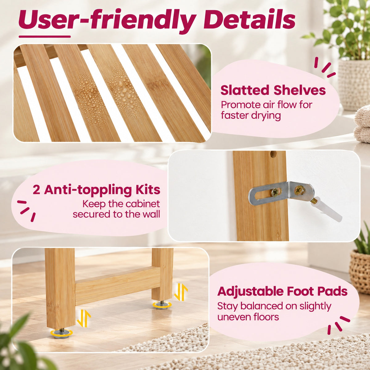 Airfind 3-Tier Bamboo Bathroom Floor Organizer with 5-Position Shelves and 3 Hooks, 132 lbs Capacity, Bamboo Frame, Natural