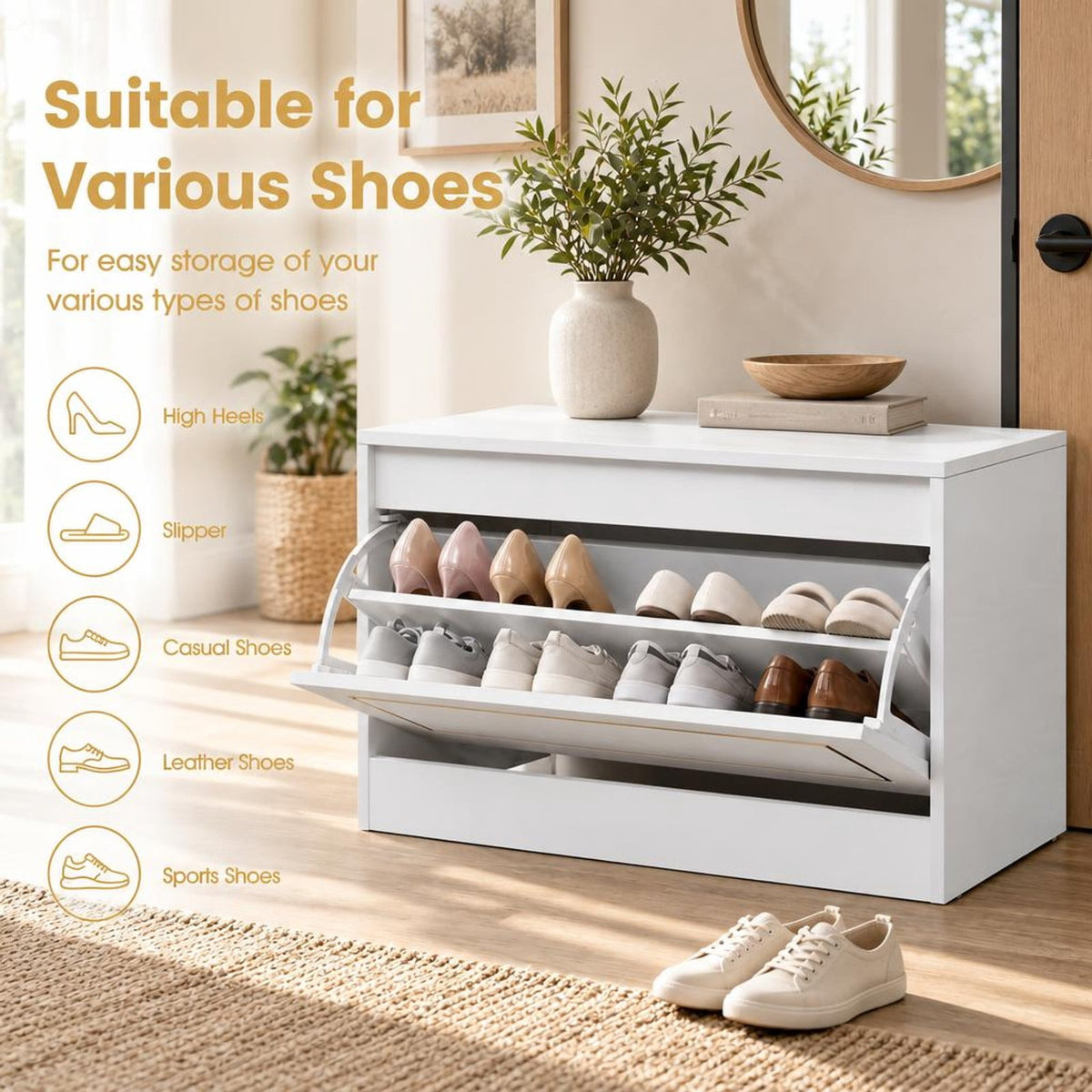 Airfind Narrow Shoe Cabinet with 1 Flip Drawer and Adjustable Shelf for Hallway, 132 lbs Capacity, PB Engineered Wood Frame, White