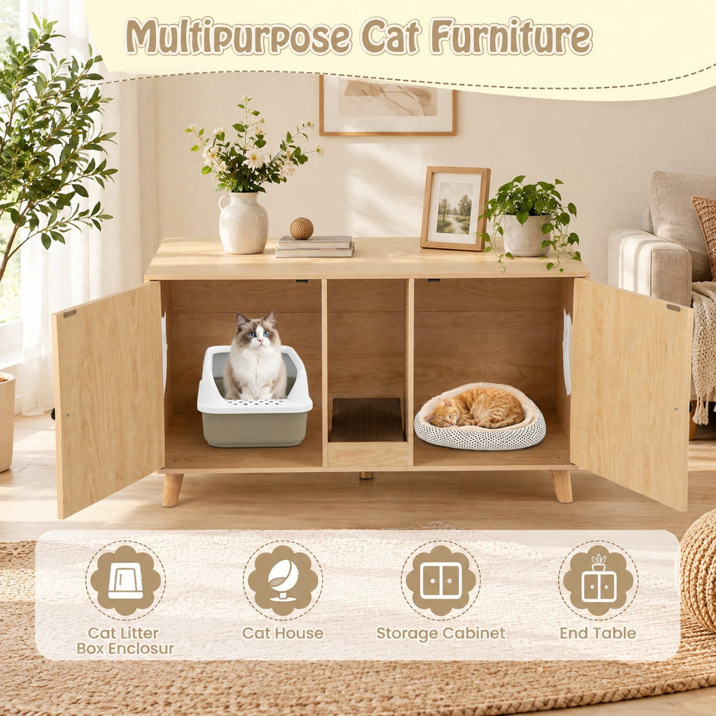 Airfind 43 Inches Cat Litter Box Enclosure with Double Rooms and 2 Sisal Scratching Mats, Engineered Board Frame, 43 x 20 x 24 Footprint, Natural
