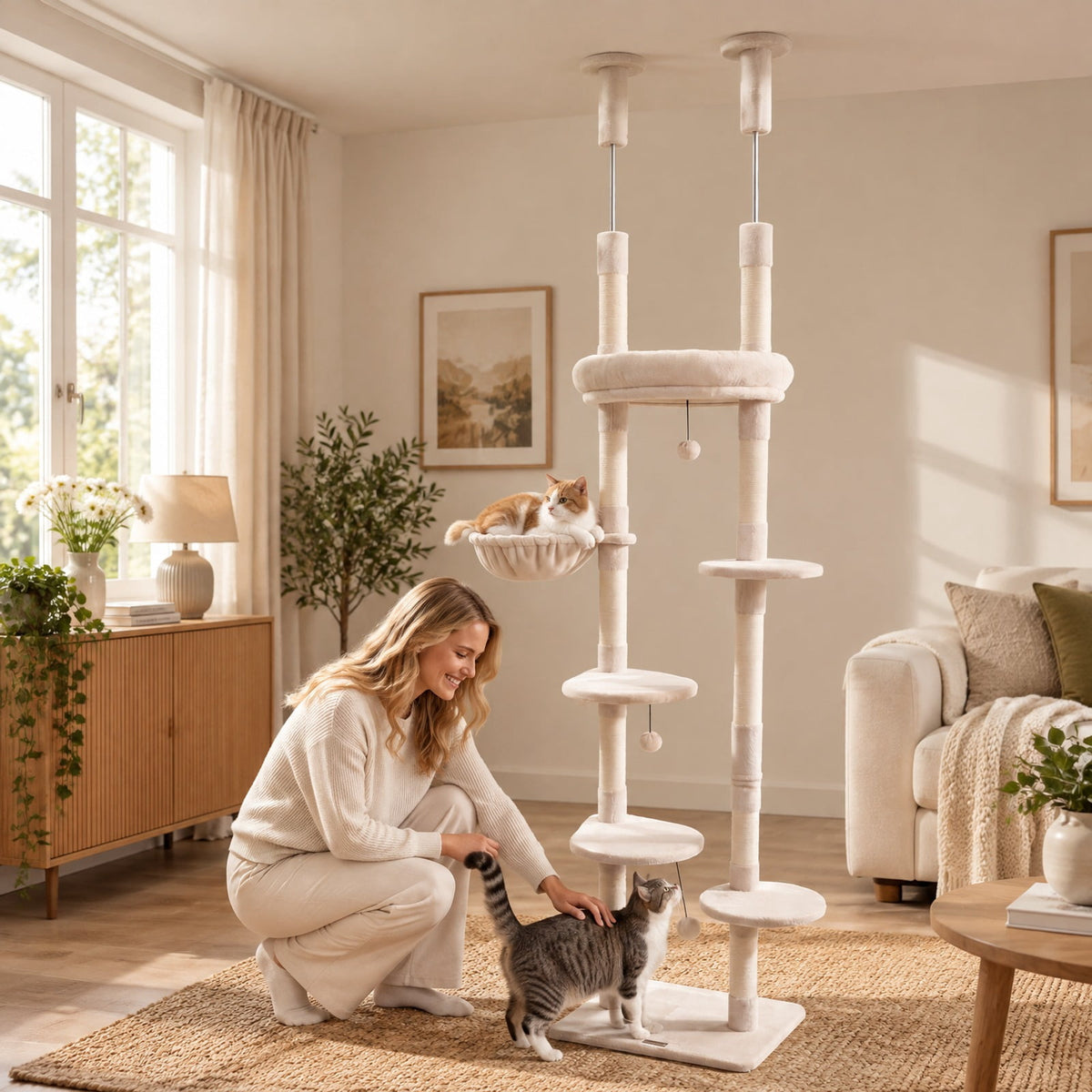Airfind 6-tier Floor to Ceiling Cat Tree with Plush Bed and Sisal Scratching Posts, 33 kg Capacity, Plywood Plush Metal Sisal Rope Frame, Beige