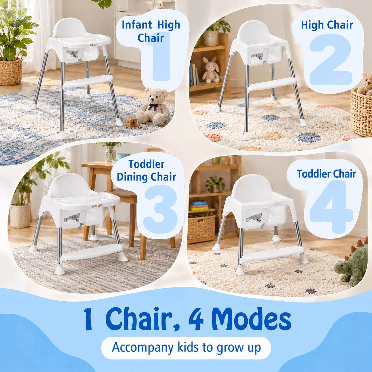 Airfind 4-in-1 Convertible Youth High Chair with Removable Double Tray, 33 lbs Capacity, PP Frame, for 6-36 Months, 26 Inch x 23.5 Inch x 33.5 Inch, White