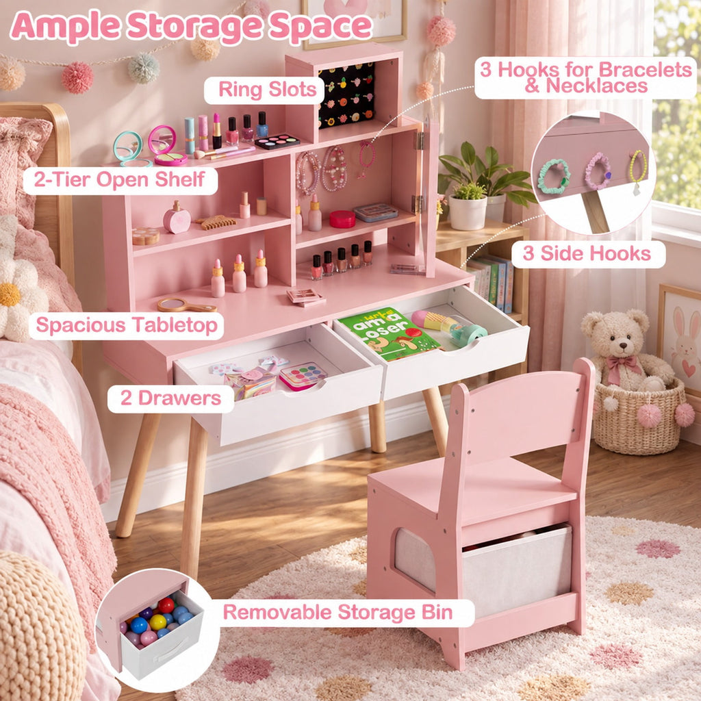Airfind Kids Vanity Set Pretend Play Dressing Table Set with 3-Color Lighting Modes and Mirror Cabinet, 44 lbs Capacity, MDF Frame, Pink