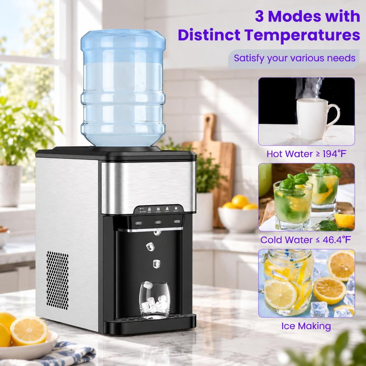 Airfind Water Cooler Dispenser 3-in-1 with Built-in Ice Maker and 3 Temperature Settings, Stainless Steel Plastic Frame, Silver