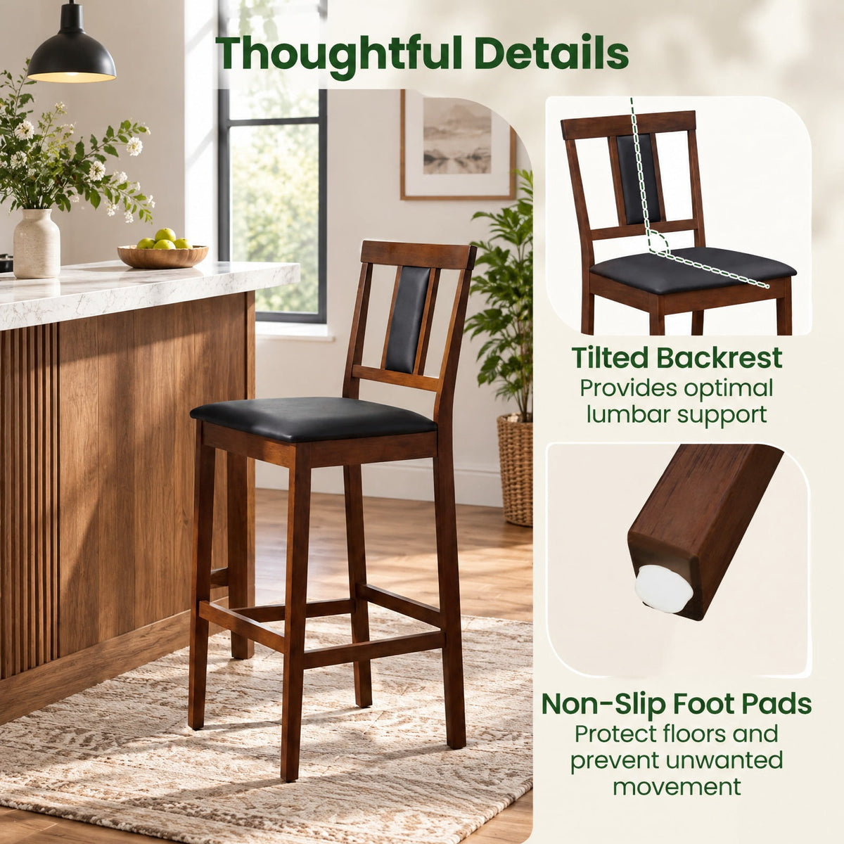 Airfind Set of 4 Upholstered Barstool 29.5 Inch Bar Height with Solid Rubber Wood Frame, 300 lbs Capacity, Walnut
