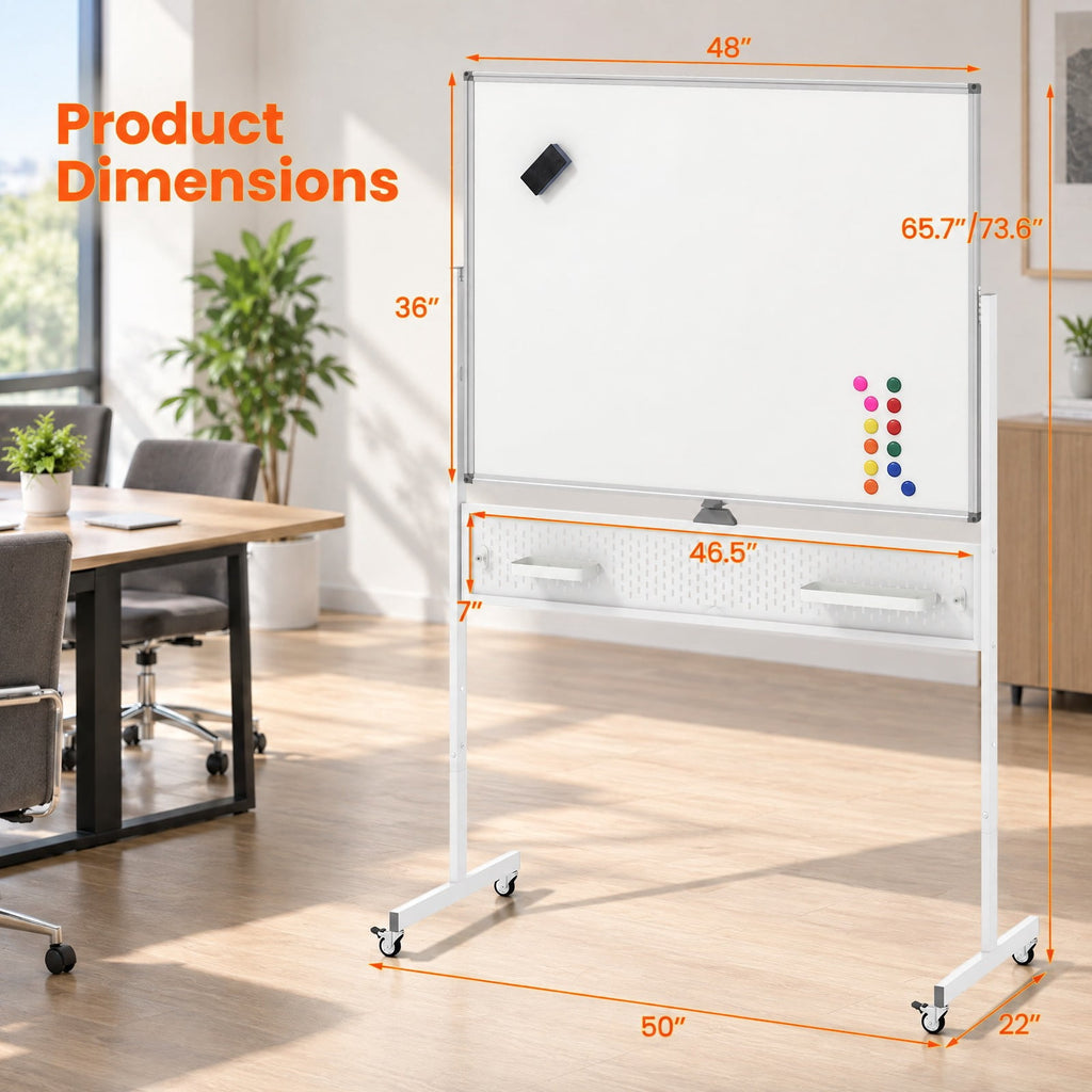 Airfind Mobile Whiteboard Adjustable Double-Sided Magnetic Board with Pegboard, Metal Aluminum Alloy PU Frame, 50 x 22 x 65.7 Footprint, White