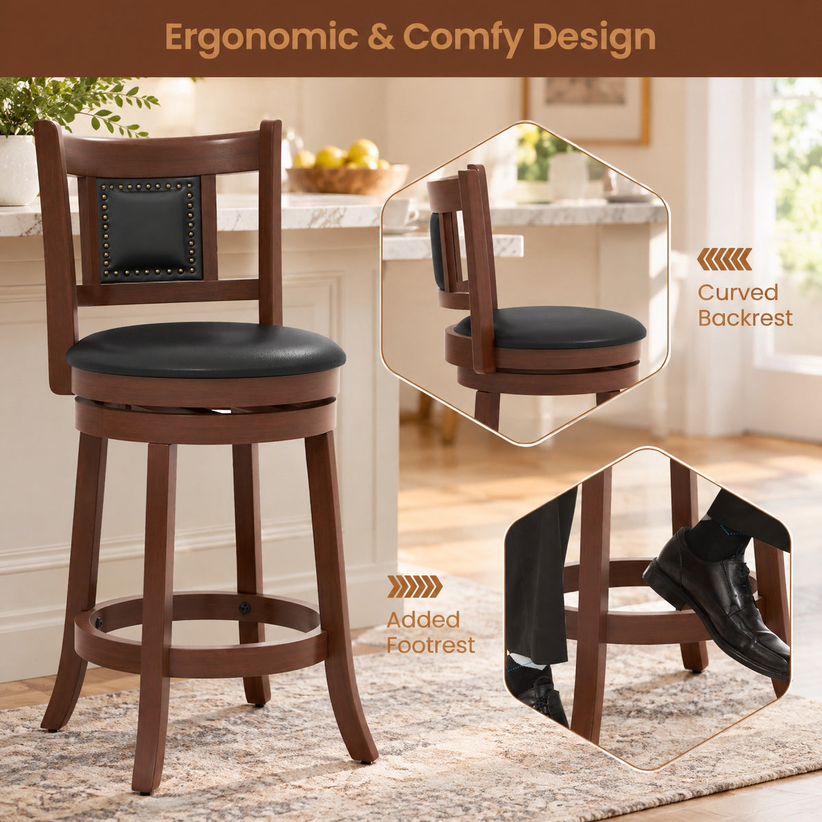 Airfind 25.5 Inch/30.5 Inch Upholstered Bar Stools Set of 2 with Curved Backrest and Footrest-25.5 inches, 250 lbs Capacity, Espresso Black