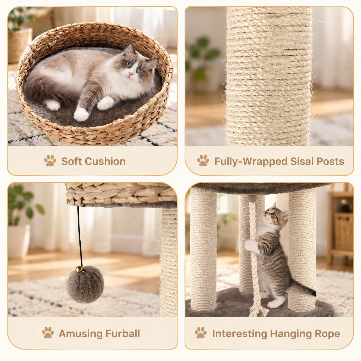 Airfind 41 Inch Rattan Cat Tree with Napping Perch, Water hyacinth straw sisal rope particle board Frame, Brown