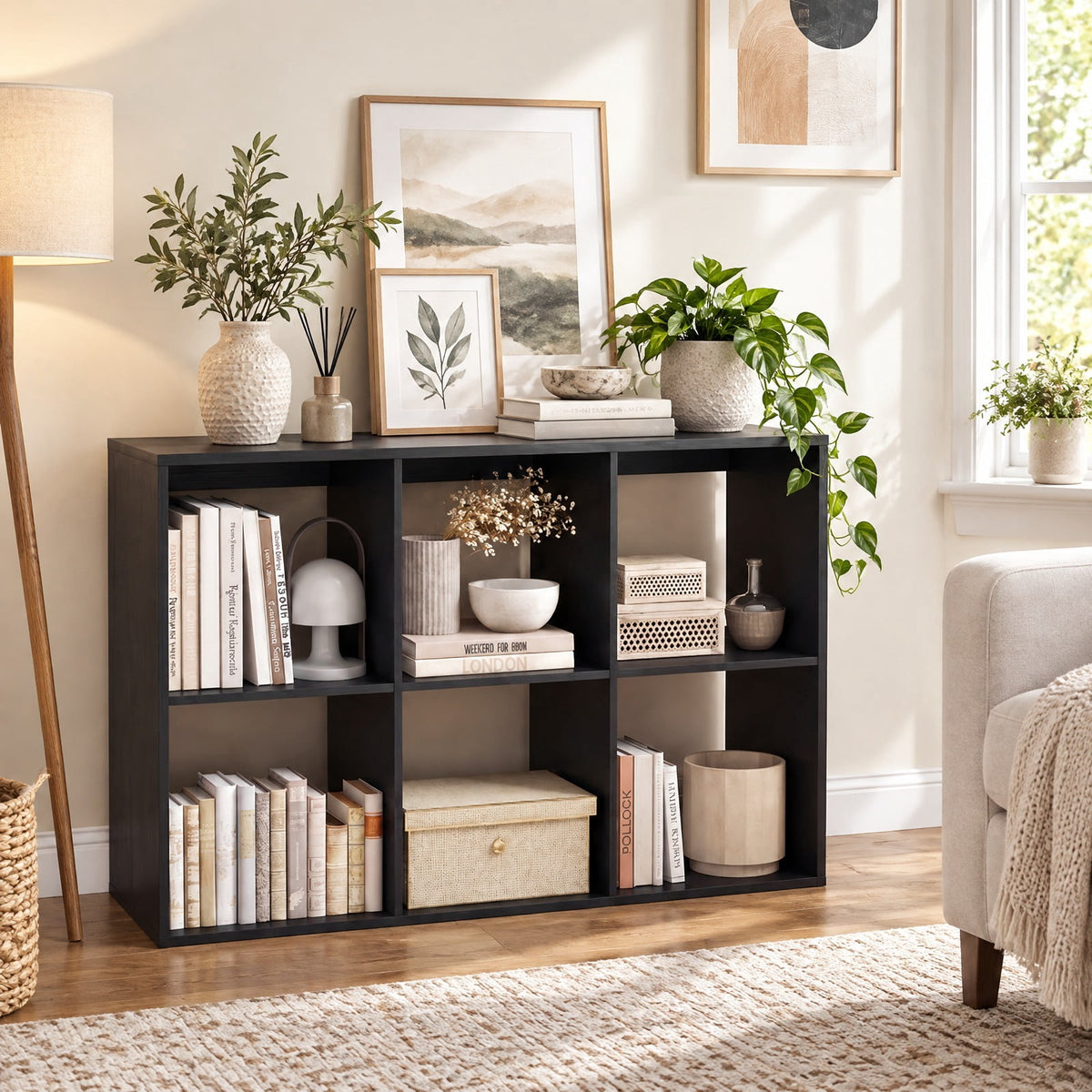 Airfind 6 Cube Bookshelf with Back Guardrail for Living Room Bedroom, 154 lbs Capacity, Engineered Wood Frame, 41 Inch x 13 Inch x 27.5 Inch Footprint, Black