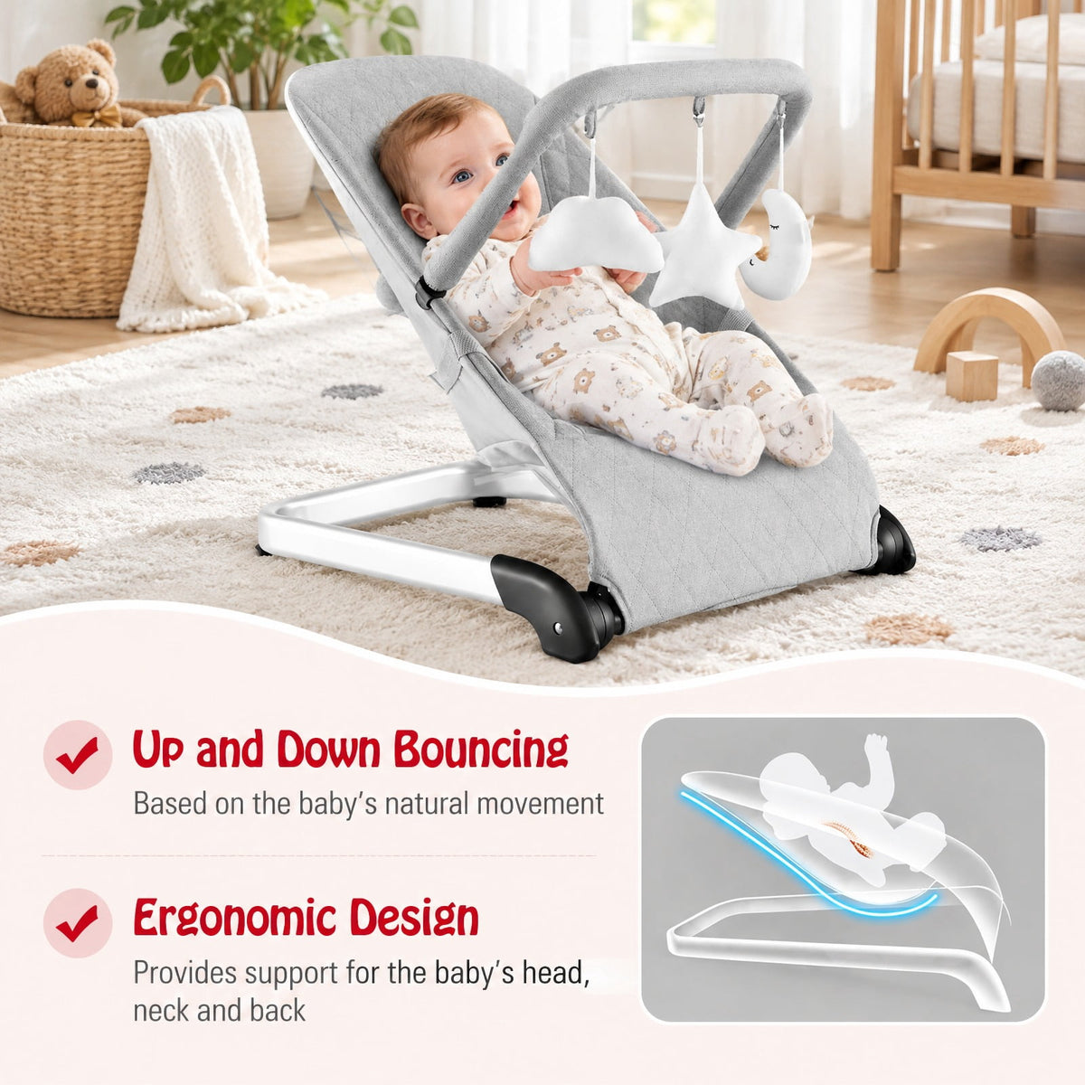 Airfind Foldable Baby Bouncer with Removable Fabric Cover and Toy Bar, 20 lbs Capacity, Fabric Aluminum Metal Frame, 19 x 21 x 20 Footprint, Gray
