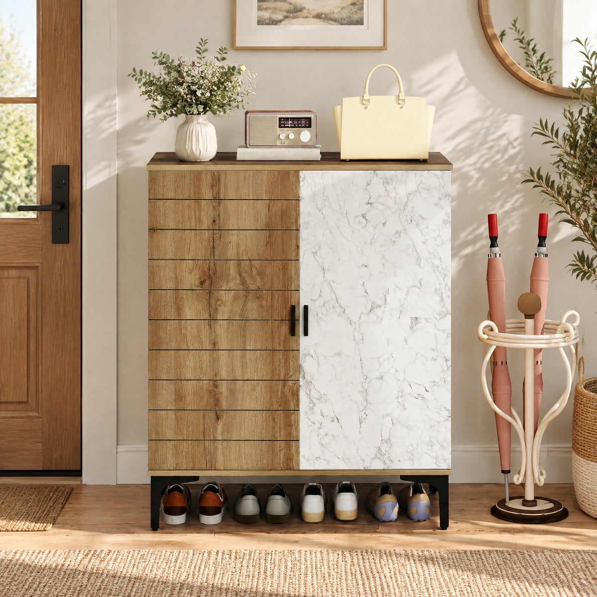 Airfind 4 Tier Farmhouse Shoe Storage Cabinet with Removable Shelves and Metal Legs, 180 lbs Capacity, Engineered Wood MDF Metal Frame