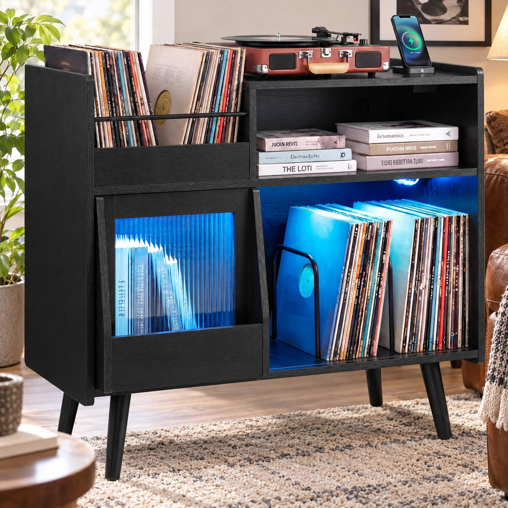 Airfind Record Player Stand with LED Light and Power Outlets, 66 lbs Capacity, PC board Plastic