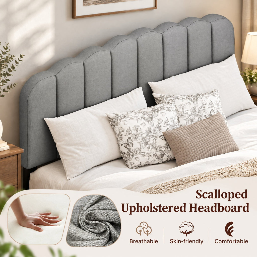 Airfind Queen Size Bed Frame with Adjustable Scalloped Tufted Headboard, 770 lbs Capacity, 84 x 61.5 x 40-44 Footprint, Gray + Black