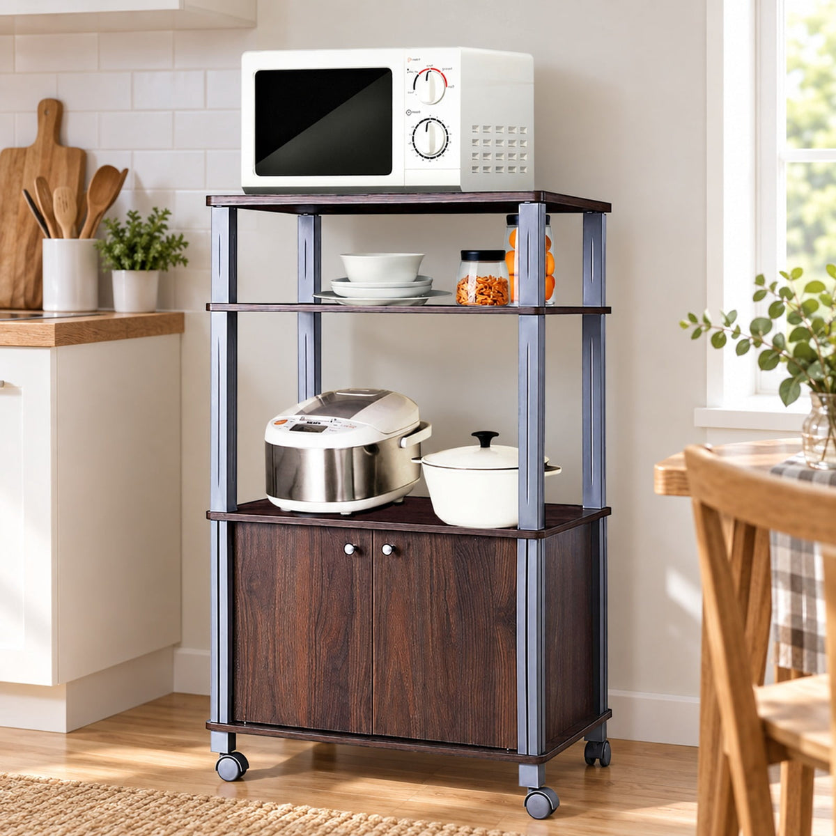 Airfind Microwave Rack Stand Rolling Storage Cart, P2 MDF Frame, 23.5 x 15.5 x 38.5 Footprint, Walnut