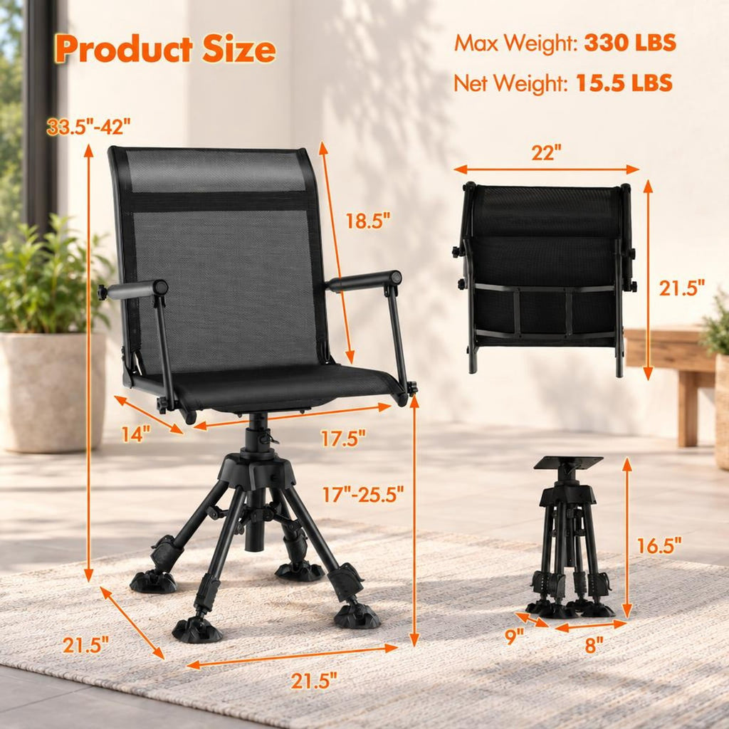 Airfind Folding Swivel Patio Chair with 4 Adjustable Leg, PP Steel Nylon Frame, 21.5 x 21.5 x 33.5-42 Footprint, Black