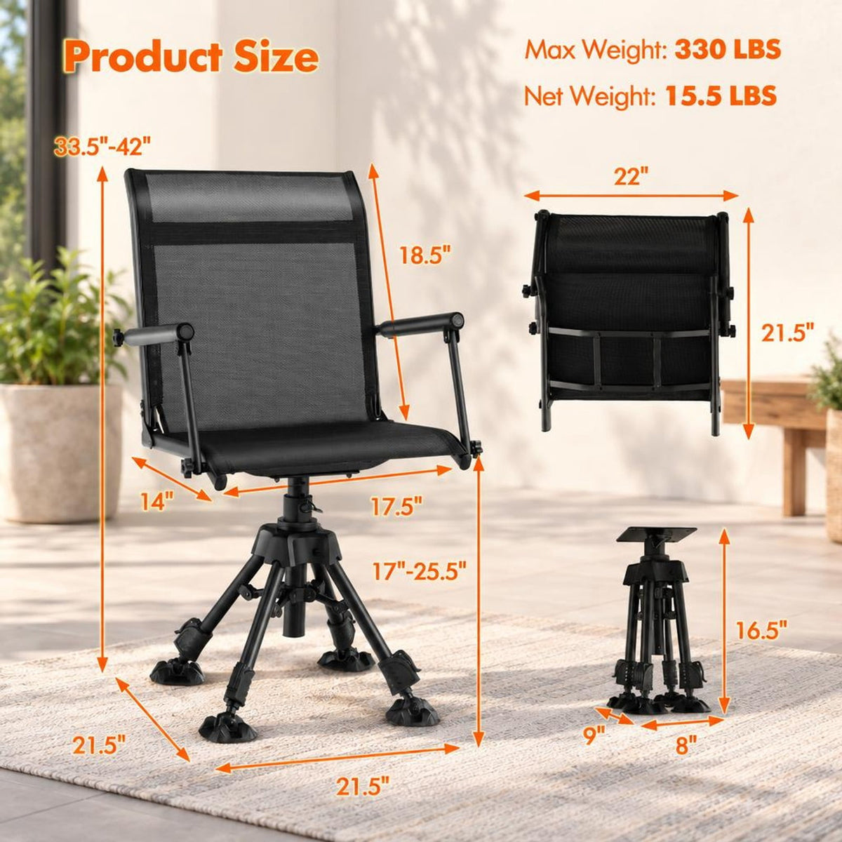 Airfind Folding Swivel Patio Chair with 4 Adjustable Leg, PP Steel Nylon Frame, 21.5 x 21.5 x 33.5-42 Footprint, Black
