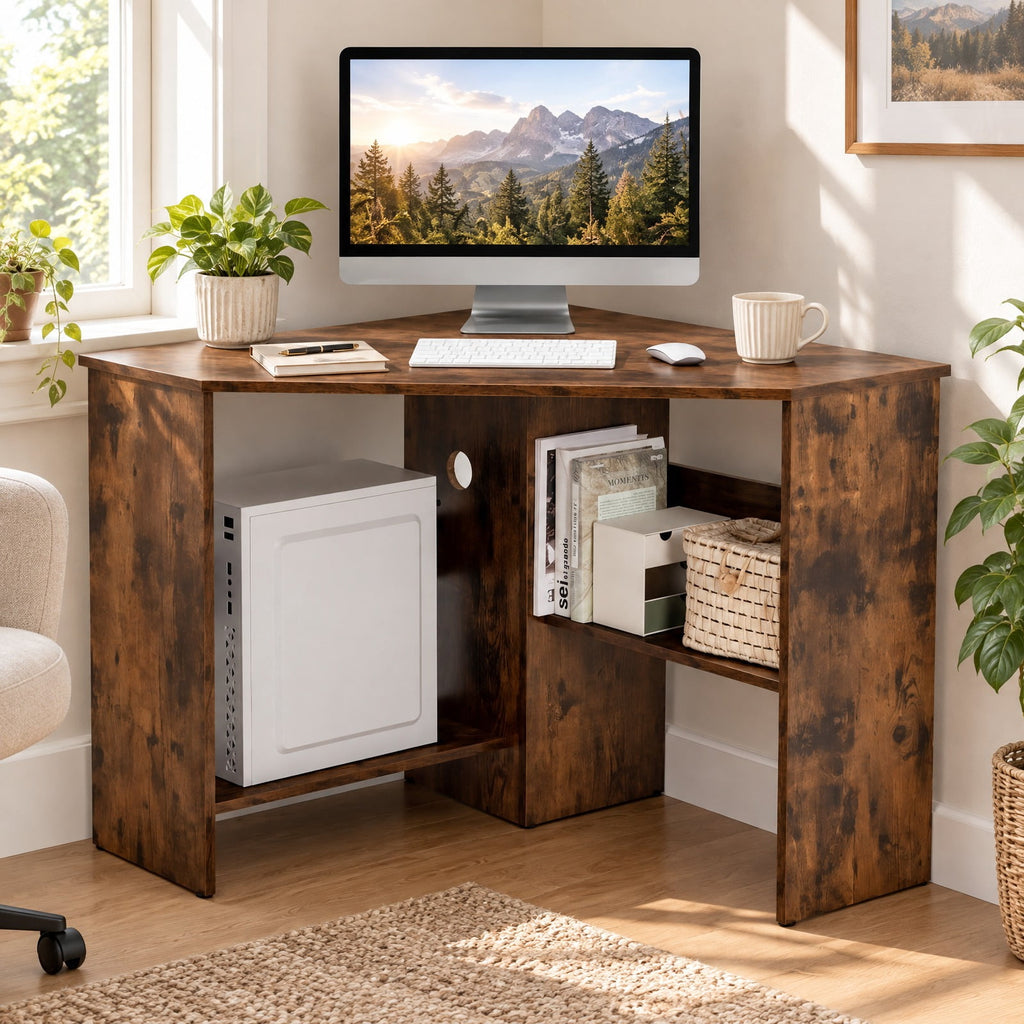 Airfind Corner Computer Desk Triangle Writing Workstation with Storage Shelf, 200 lbs Capacity, E0 engineered wood Frame, Brown