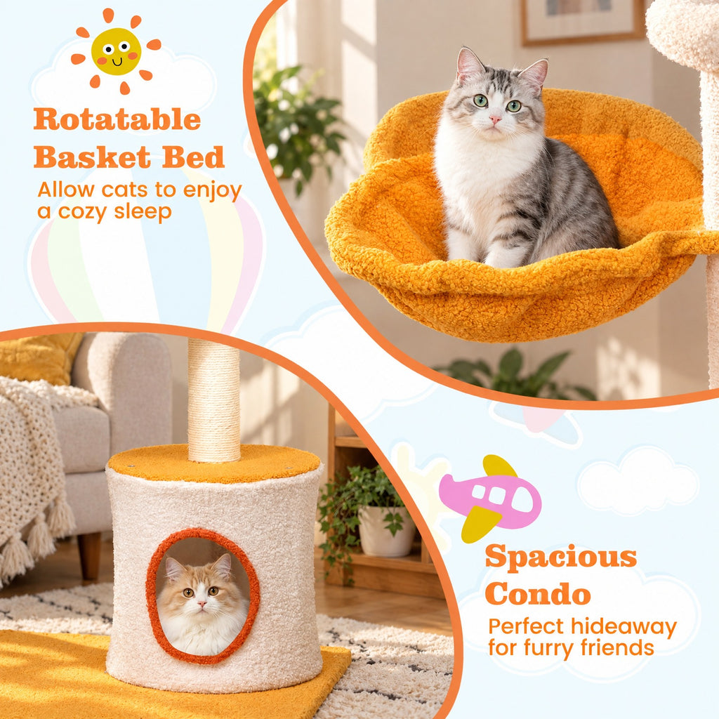 Airfind 70 Inch Tall Aviation-themed Cat Tree with Helicopter Top Perch and Platforms, 22 lbs Capacity, Engineered Wood Sisal Teddy Fleece Frame