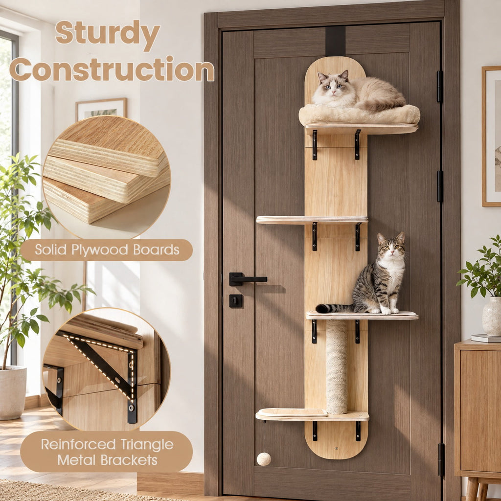 Airfind Door Hanging Cat Climber 4-level Height Adjustable with Plush Bed, 11 lbs Capacity, Solid Plywood Jute Rope Plush Fabric Frame, Beige