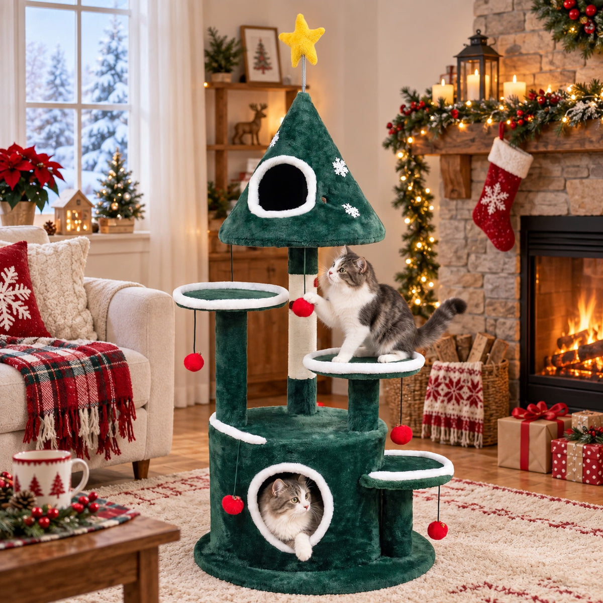 Airfind 50in Christmas Cat Tree with 2 Condos and Sisal Scratching Post, Green, Star-shaped spring toy for extra entertainment