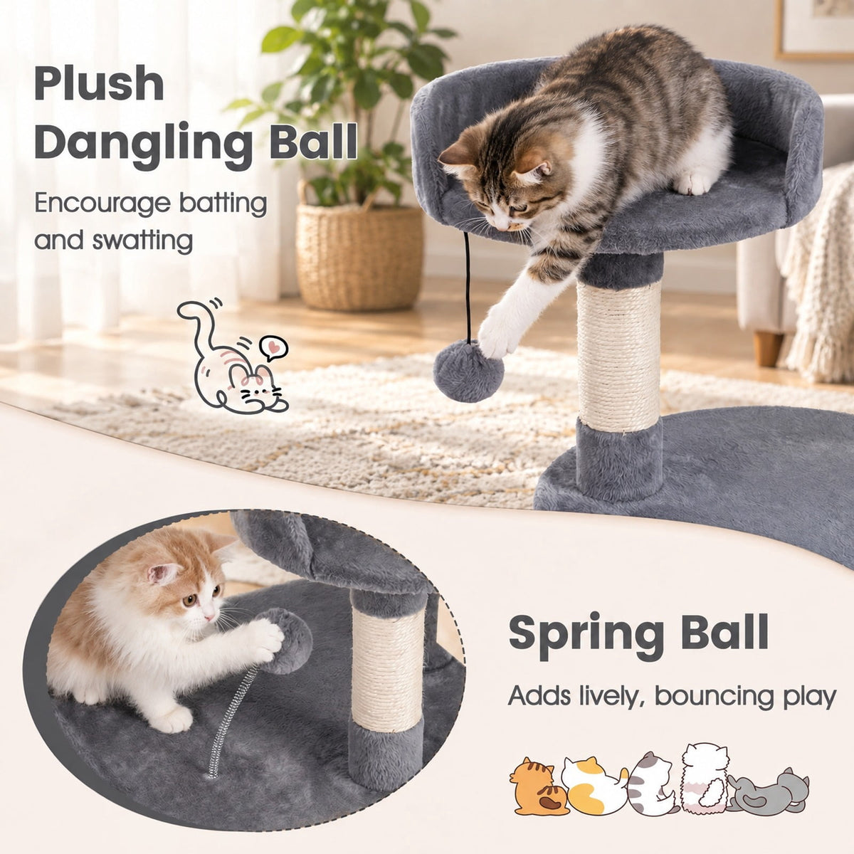 Airfind 36 Inch Tall Kitten Tower with Condo and Plush Perch, 22 lbs Capacity, Engineered Wood Sponge Plush Fabric Sisal Base Frame, Light Gray