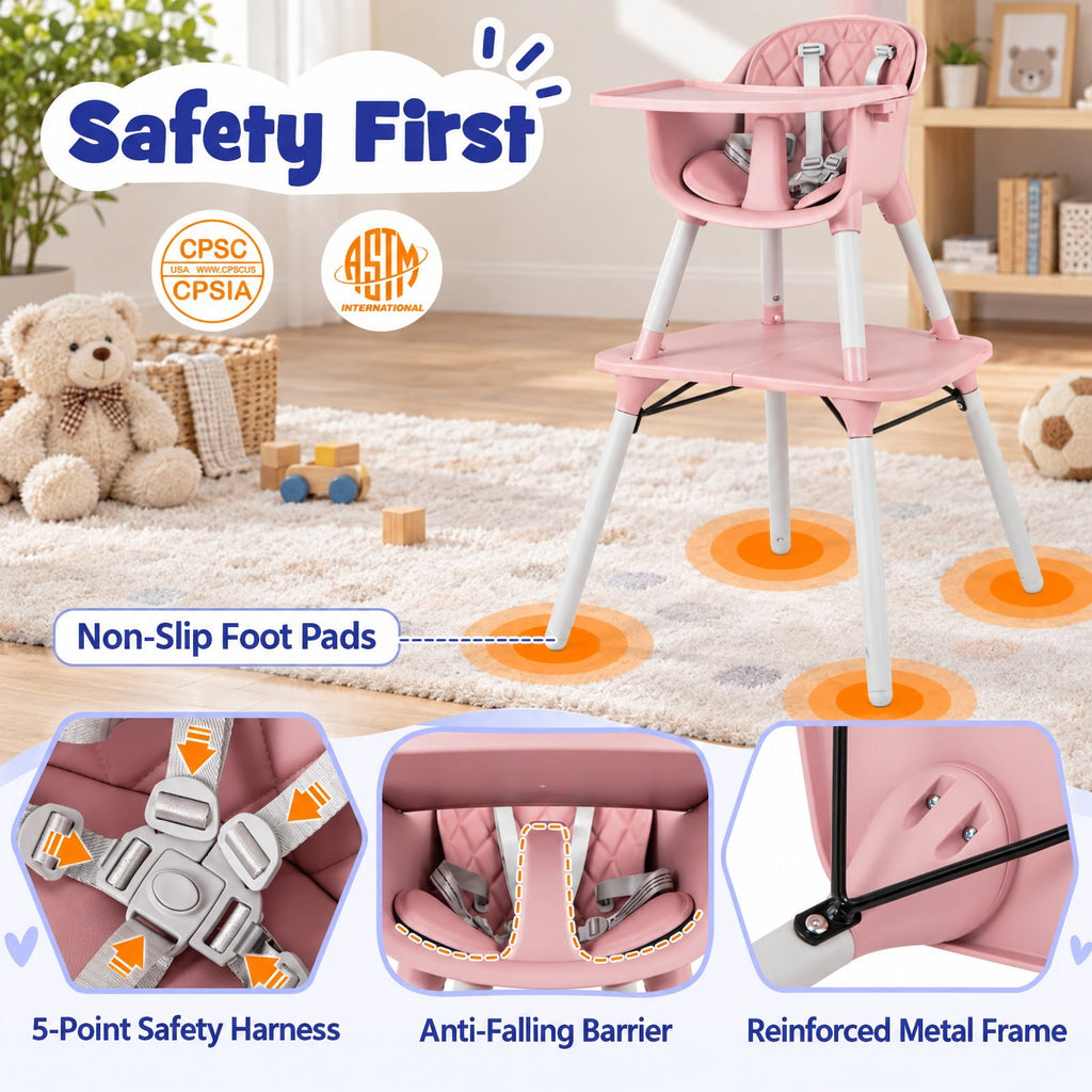 Airfind 4-in-1 Baby Convertible Toddler Table Chair Set with PU Cushion, 33 lbs Capacity, PU PP metal Frame, for 6-36 months, Pink