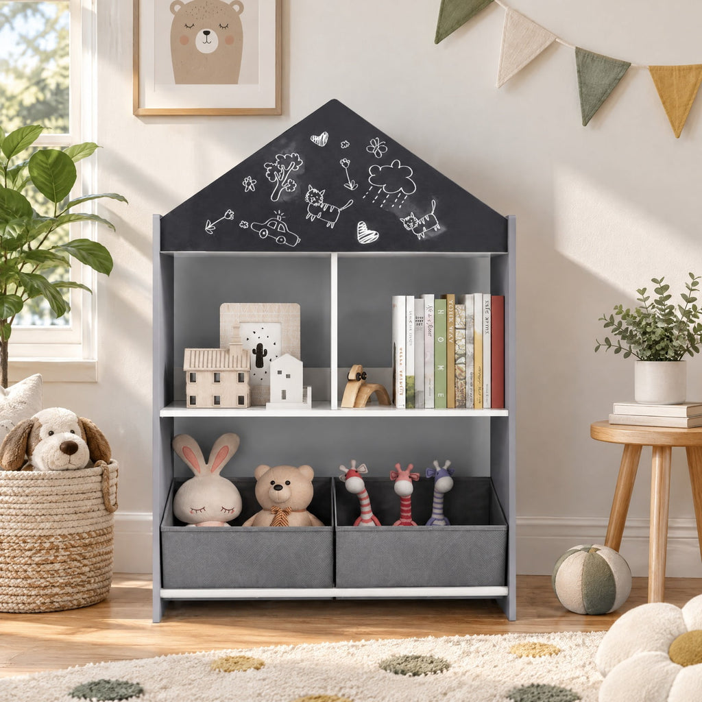 Airfind Playhouse Kids Bookshelf with Chalkboard and Whiteboard for 3-6 Years, MDF Metal Fabric Frame, Gray