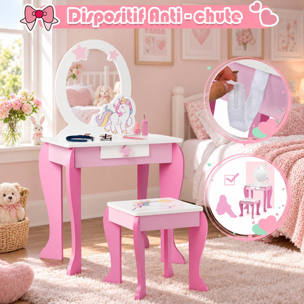 Airfind Kids Wooden Makeup Dressing Table and Chair Set with Mirror and Drawer, MDF Frame, 19 Inch x 14 Inch x 35 Inch Footprint, Pink