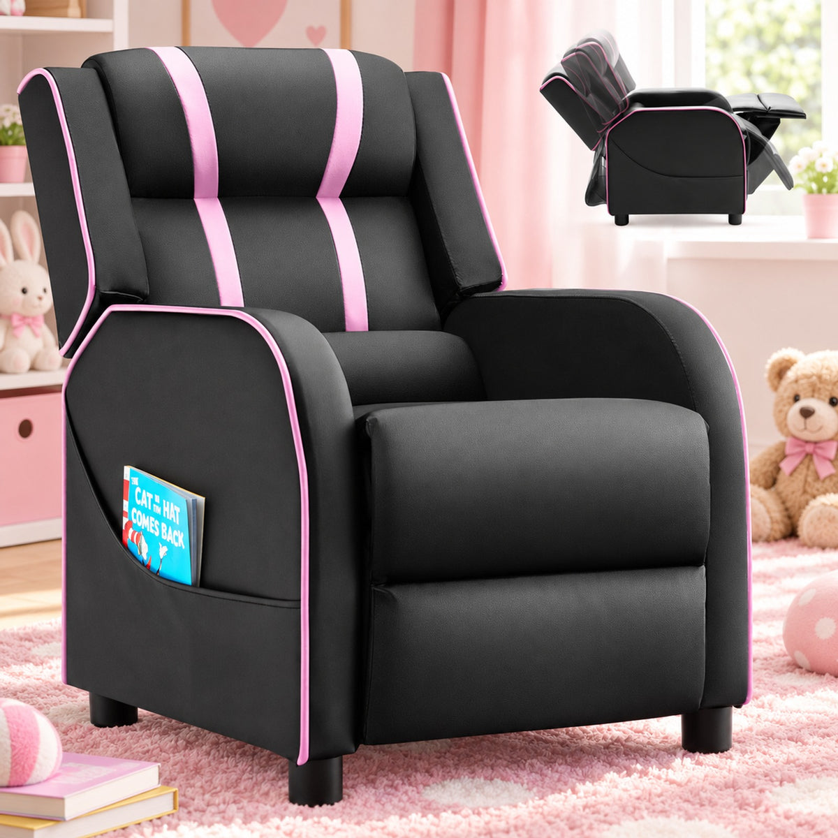 Airfind Kids Recliner Chair with Side Pockets and Footrest, 110 lbs Capacity, Sponge PU leather wood steel plastic Frame, Pink