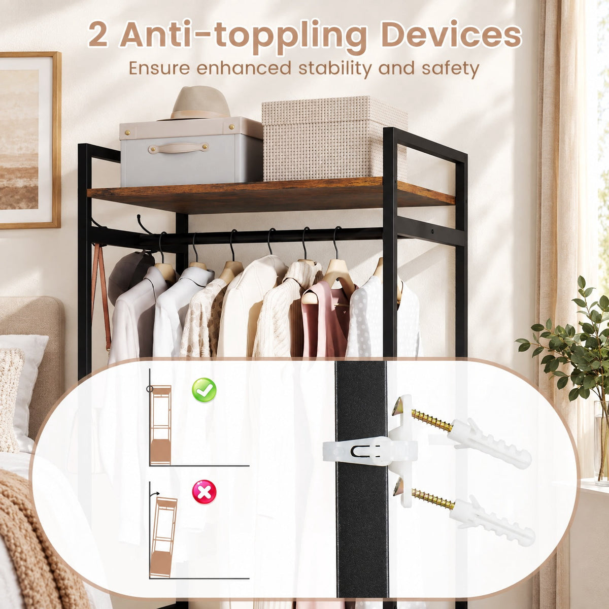 Airfind Clothes Rack with Drawers and Shelves with Side Hooks and Metal Frame, 22 lbs Capacity, Metal Engineered Wood Fabric Frame, Brown