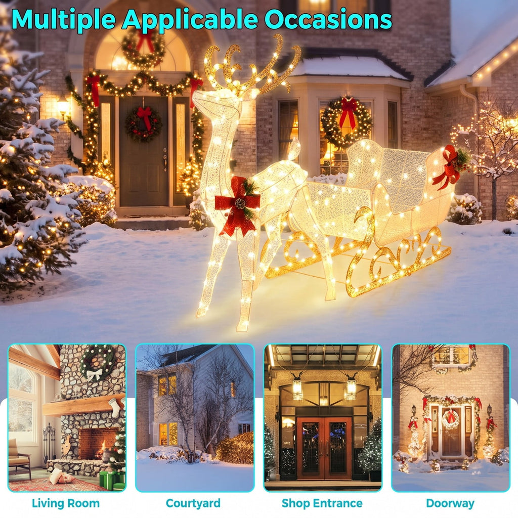 Airfind 6 Feet Christmas Lighted Reindeer and Santas Sleigh Decoration with 4 Stakes, Steel tinsel Frame, 19.5 x 72.5 x 48.5 Footprint