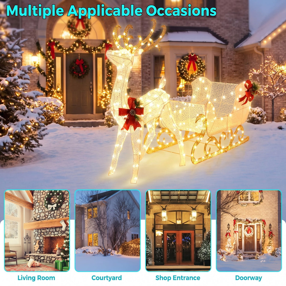 Airfind 6 Feet Christmas Lighted Reindeer and Santas Sleigh Decoration with 4 Stakes, Steel tinsel Frame, 19.5 x 72.5 x 48.5 Footprint