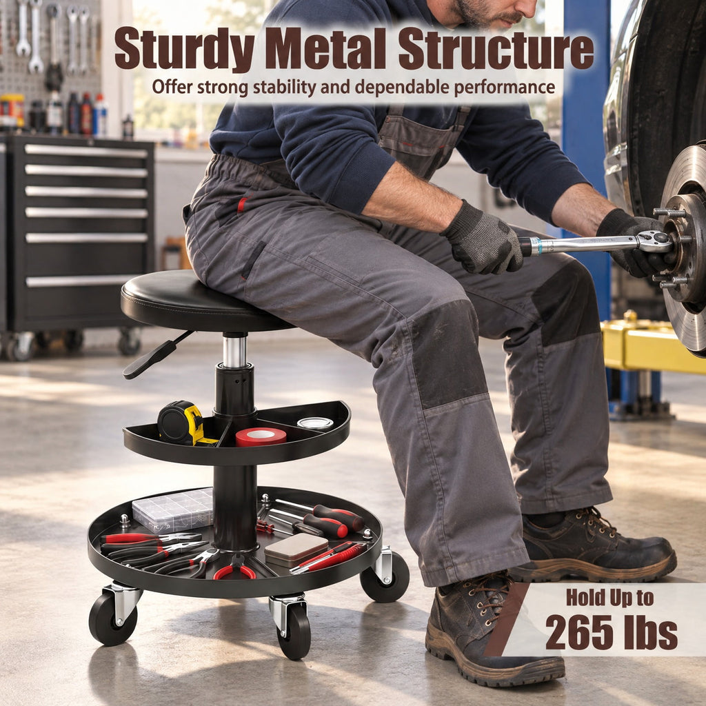 Airfind 16.5-22 Adjustable Height Seat Rolling Mechanic Stool with Wheels, 265 lbs Capacity, PU Leather Frame, 15 x 15 x 16.5-22 Footprint