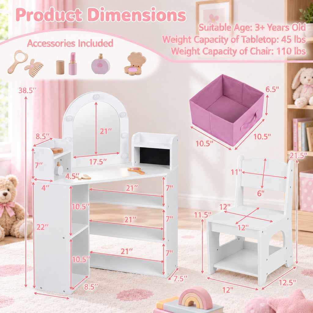 Airfind 2-In-1 Kids Vanity Set with Lights and Ring Slots for Toddlers 3+ Years Old, 45 lbs Capacity, MDF Non-woven Fabric Frame, White